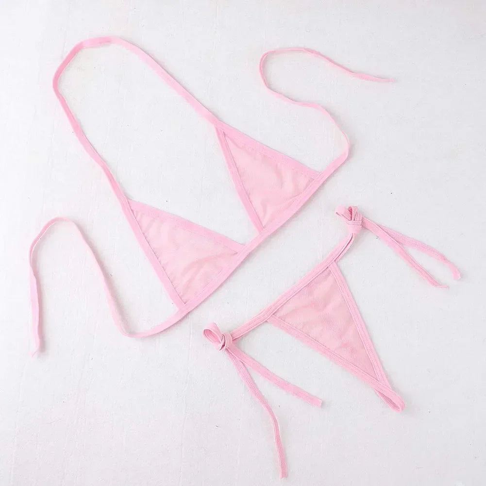 Womens Sexy Lingerie Bikini See ThrougSwimwear 2 Piece Bra With Tie Side Comfortable Thong Solid Color Beachwear Fashion Bustier