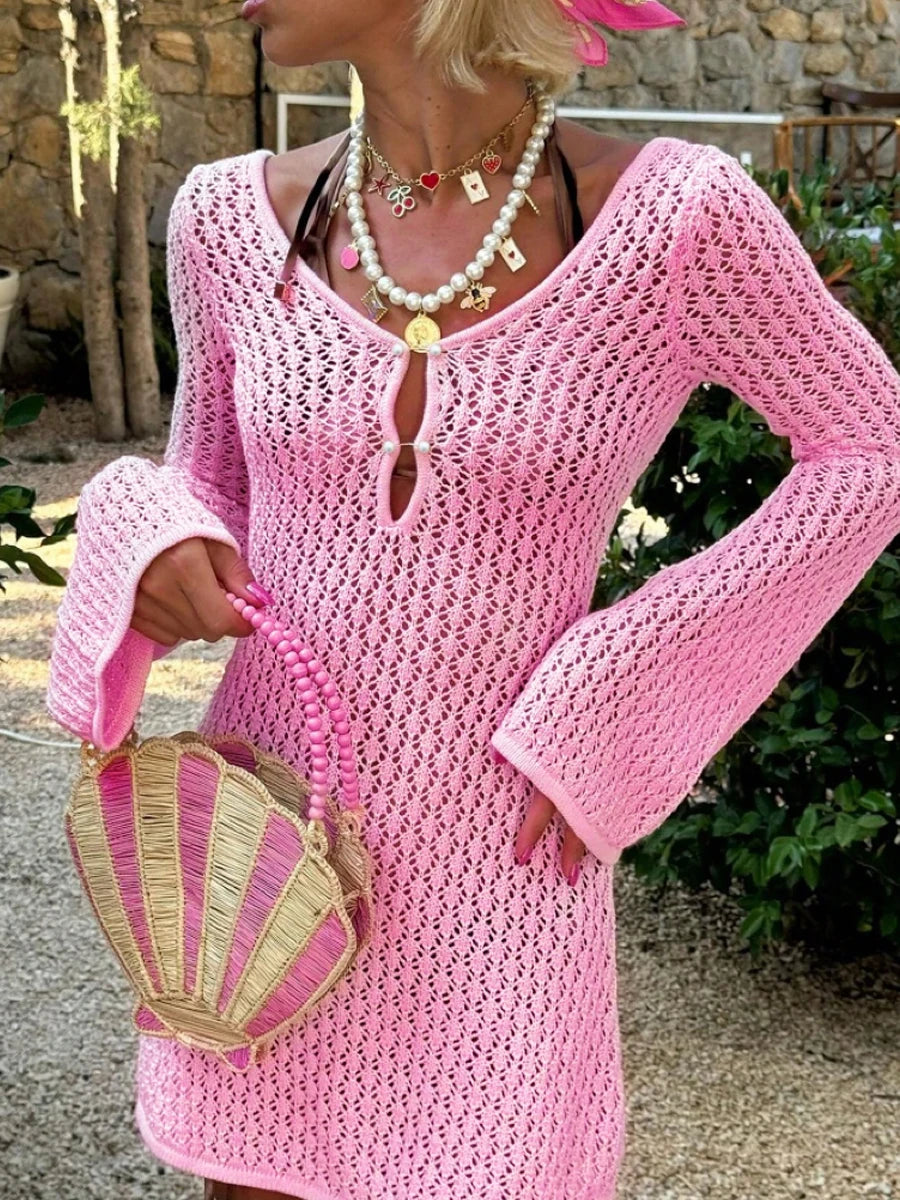 Beach Vacation Casual Long Sleeve Sun Protection Cover Up,Knit Hollow Out Short Dress,Fitted Plain Style,Spring & Fall Fashion