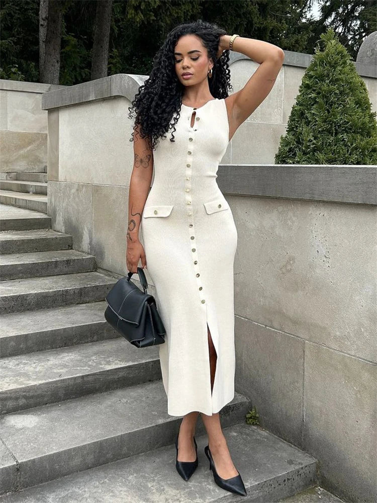 Elegant Knitted Midi Dresses Women's Black White Patchwork Slit Single Breasted Sleeveless Curvy Dress 2025 Summer Street Wear