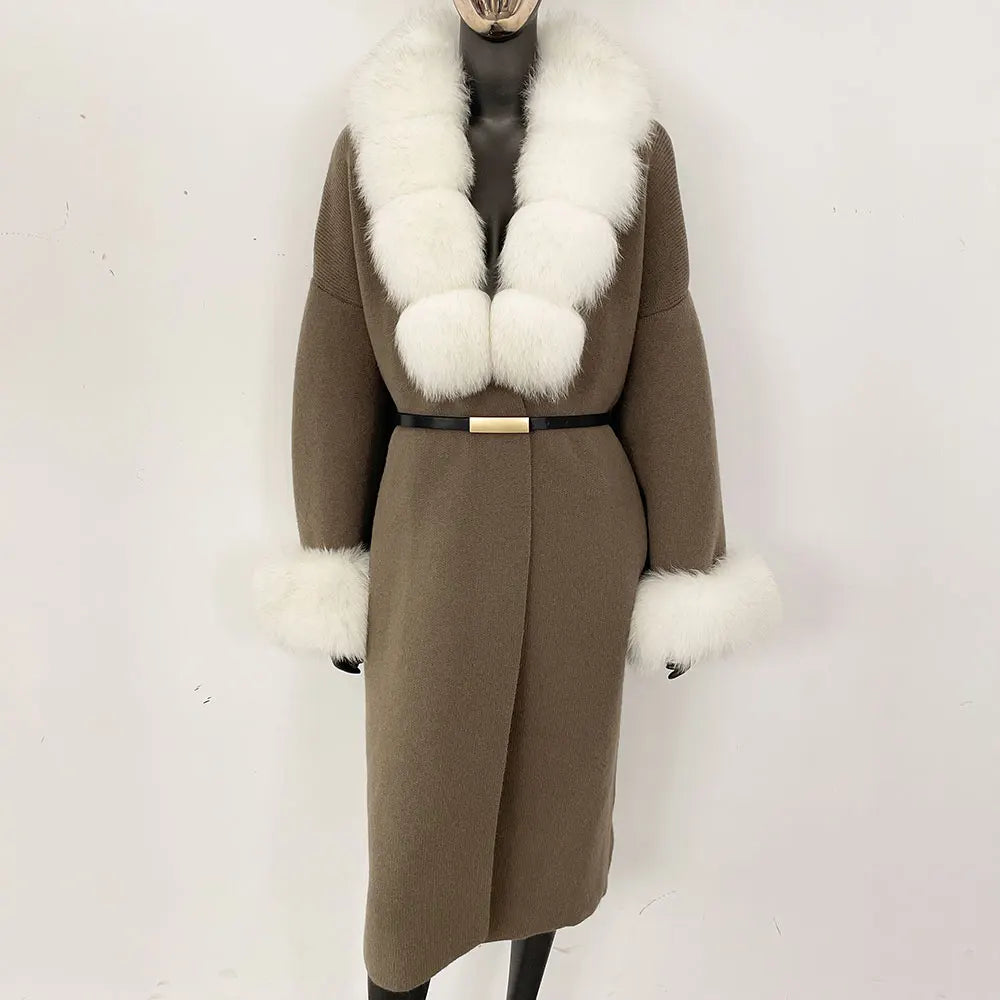 Long Knitwear Coat Women Warm Belt Real Fox Fur Jacket Female 2024 New Autumn Winter Kintted Natural Fur Coat Women