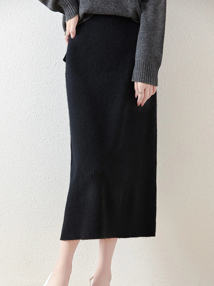 100% Merino Wool Knitted Half Skirt Autumn Winter Women's Elegant A-line Skirt High Waisted Mid Length Slimming Thick Warm Dress