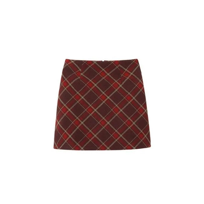 High Waist Plaid Mini Skirt Autumn Winter Woolen A- Line Skirt Short Skirt Retro Red Grids Half Body Skirt Small Size