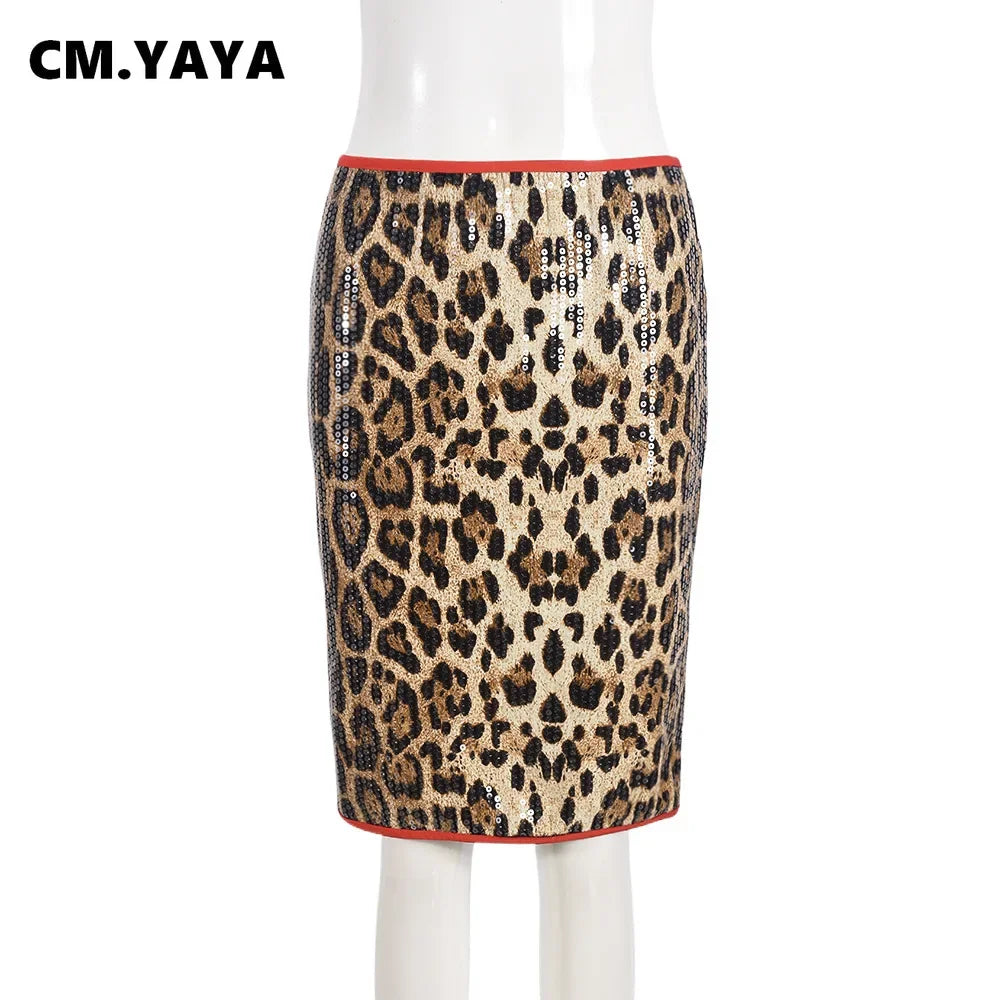 CMYAYA High Waist Women's Midi Skirt Leopard Sequined Sweet Slim Sexy Casual Elastic 2025 Spring Street Night Skirts Vacation