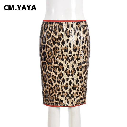 CMYAYA High Waist Women's Midi Skirt Leopard Sequined Sweet Slim Sexy Casual Elastic 2025 Spring Street Night Skirts Vacation