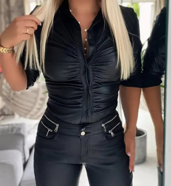 Women's Faux Leather Button Front Shirt with Ruched Lapel Collar   Stylish and Comfortable Long Sleeve Top