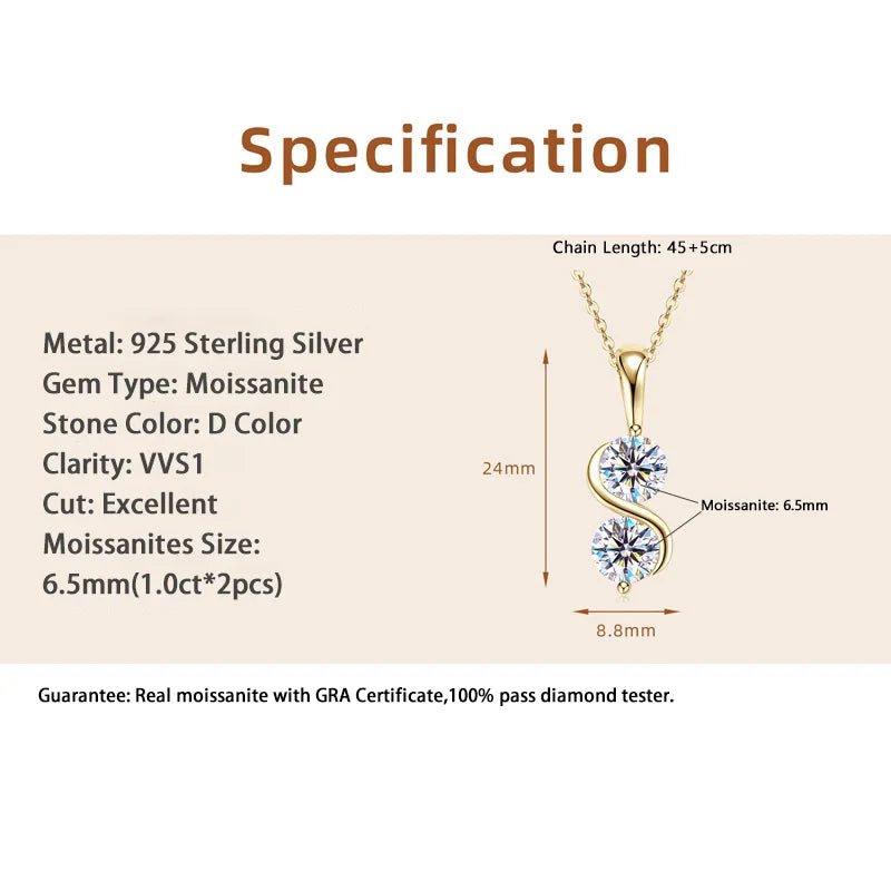 RAPRGOLD GRA Certified 1CT Moissanite Round Pendant Necklaces for Women 925 Sterling Silver Fine Jewelry Chains for Wedding Gift