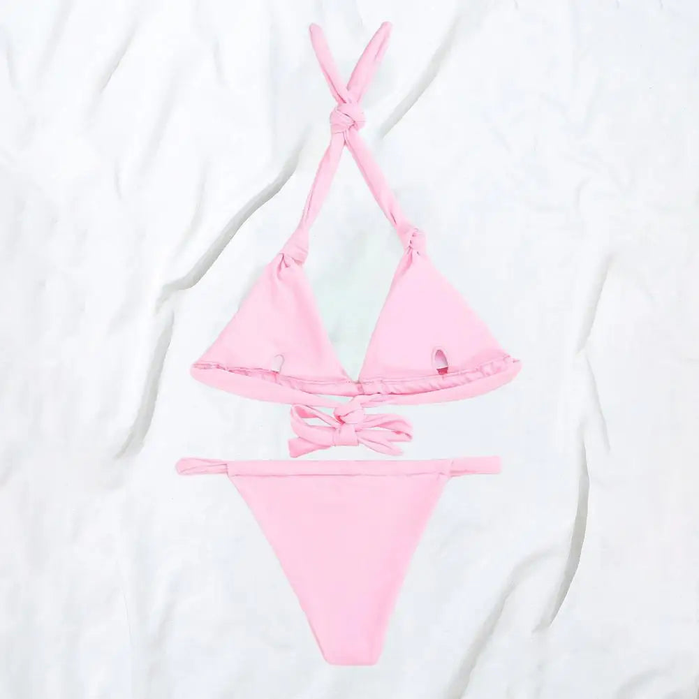 2Pcs/Set Women's Swimsuit 2025 Solid Color Halter Bikini Set With Padded Sexy Split Design Lady Swimwear Woman Clothing