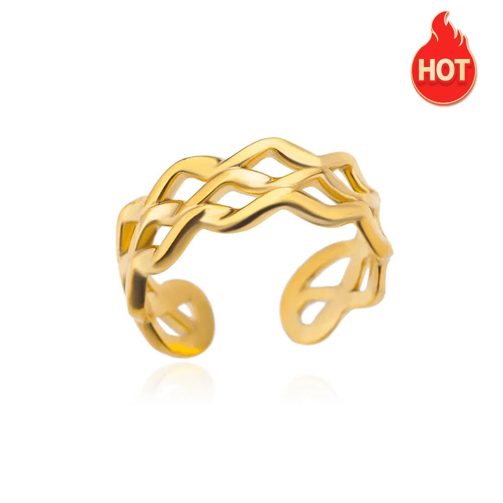 Stainless Steel Twist Chain Adjustable Rings for Women Men Simple Geometric Leave Flower Open Ring Jewelry Female Holiday Gifts