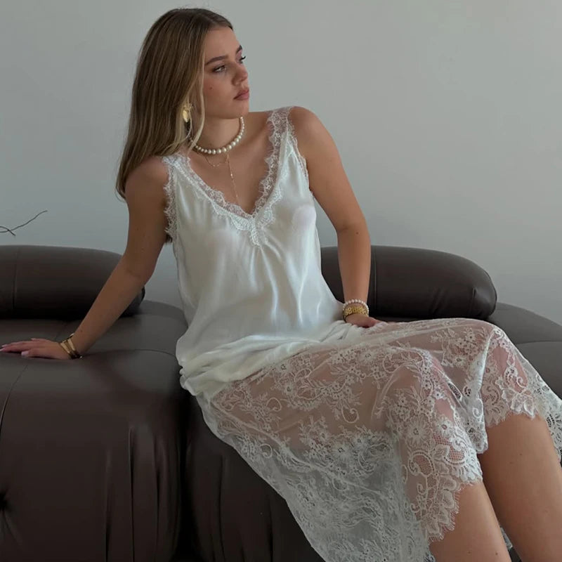 Tornova Sexy Spaghetti Strap Lace Dress For Women Fashion Splice Elegant Backless Long Dress Slim Vacation Party Female Clothes