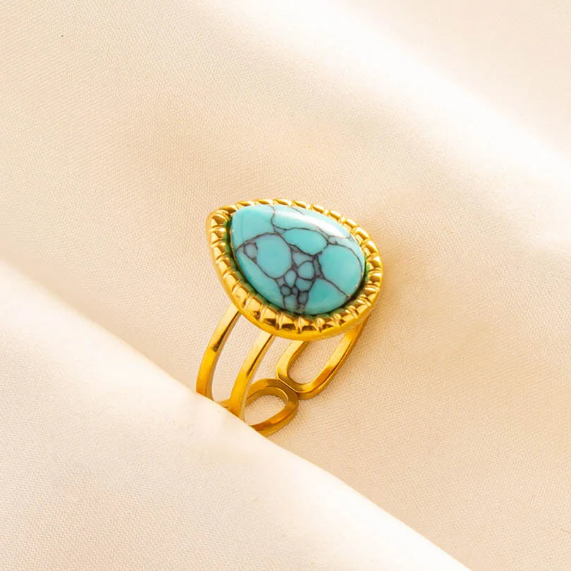 Classic Retro Turquoise Finger Jewelry Stainless Steel Rings For Women Men Accessories Open Adjustable 18k Real Gold Plated Ring