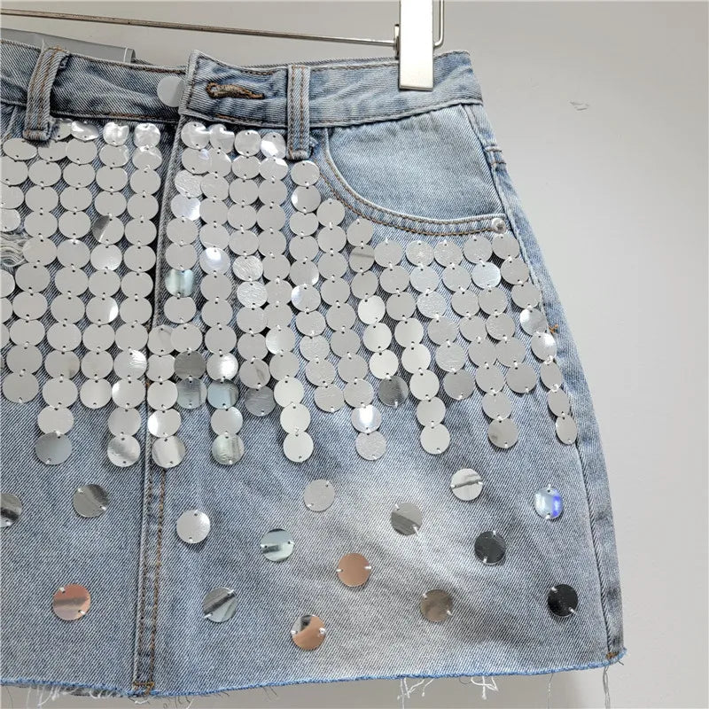 Summer new high waisted A-line sequins raw edges denim skirt for women