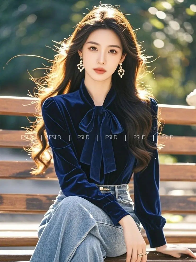 Vintage Blue Velvet Shirt Tops Spring Autumn Long Sleeve Bow Lacing All-match Temperament Blouse Office Elegant Women Clothing