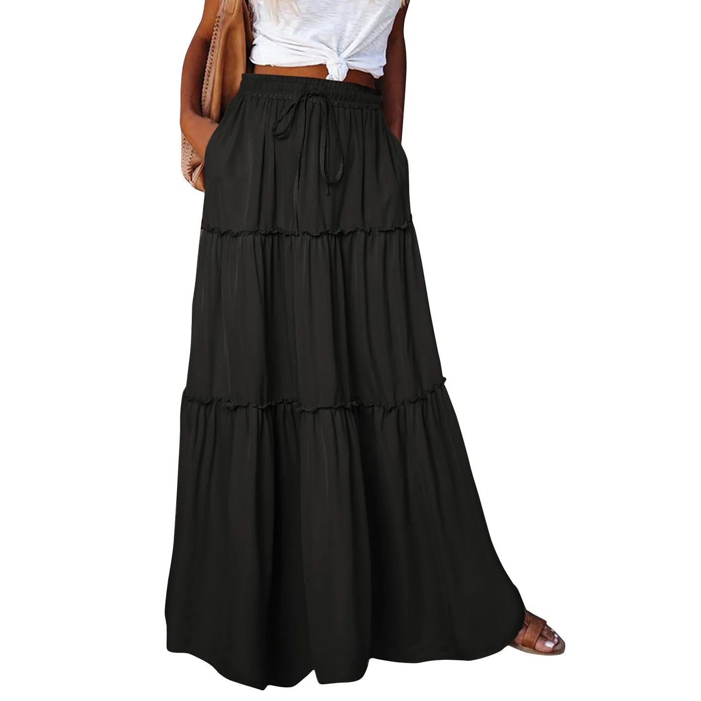 Women long skirt Fashion Solid Color Long Skirts Elastic Waist faldas Loose Casual High Waist saia Versatile Half-Body Dress