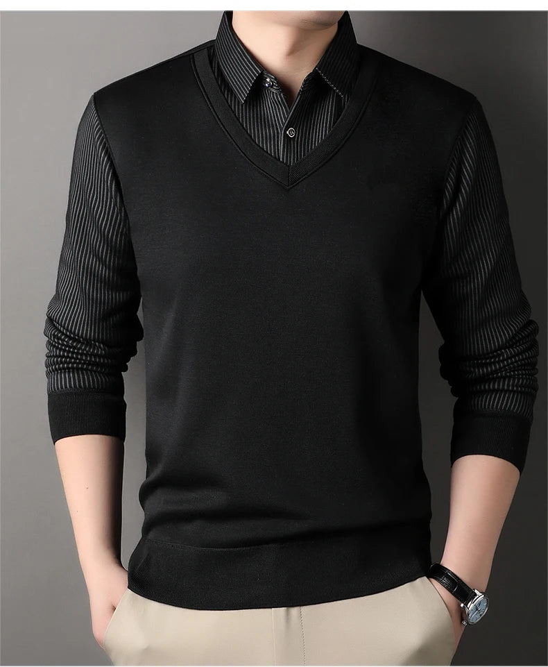 Men's Long Sve Fce Lined Knitted irt Busin Casual Sle Winter Warm Top Fake Two-Piece Design Comfortable Fit