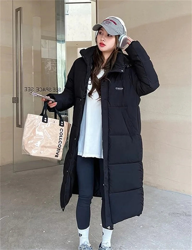 2025 Solid Long Down Parka Women with  Hood  Cotton Padded Jacket Winter Overcoat Fashion Thicken Warm Puffer Coat Female