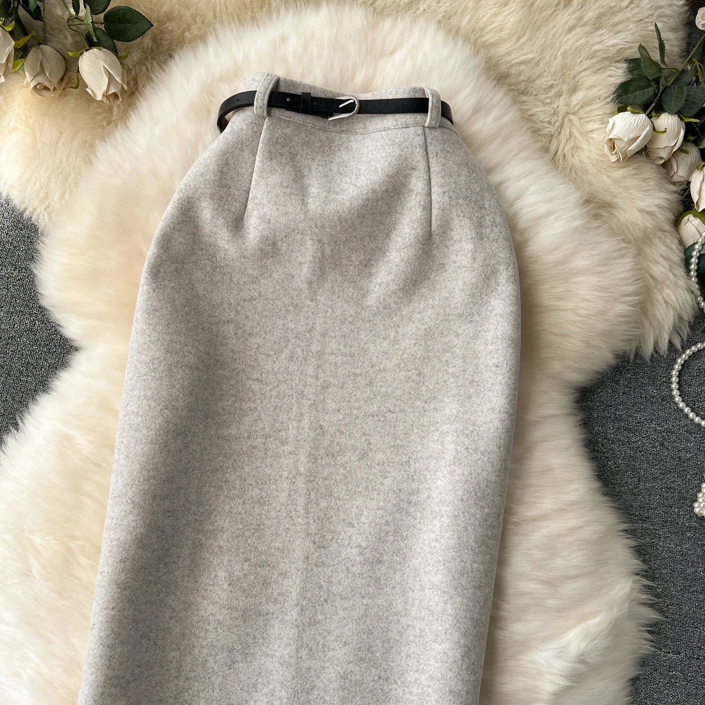 Woolen Midi Skirt Women Autumdn Winter High Waisted Elegant Pencil Skirt Female Slim Split Work Skirts