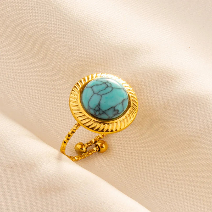 Classic Retro Turquoise Finger Jewelry Stainless Steel Rings For Women Men Accessories Open Adjustable 18k Real Gold Plated Ring