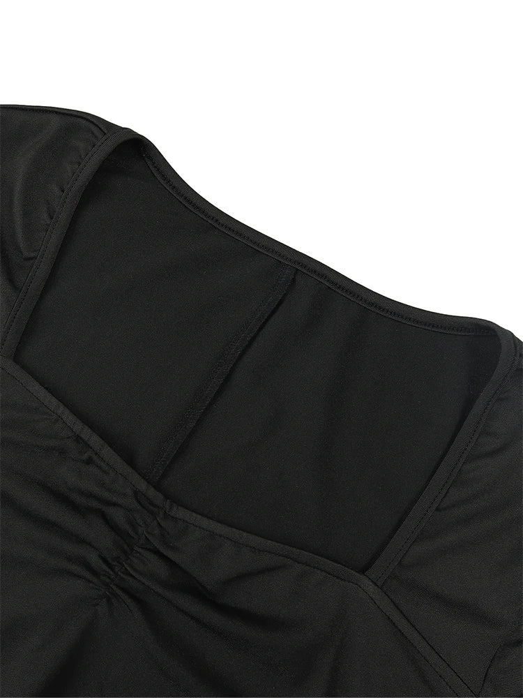 Solid Colour Square Neck Mini Dress Trimmed with Bow and Ruffle Solid Colour Pullover Dress Best for Spring/Summer