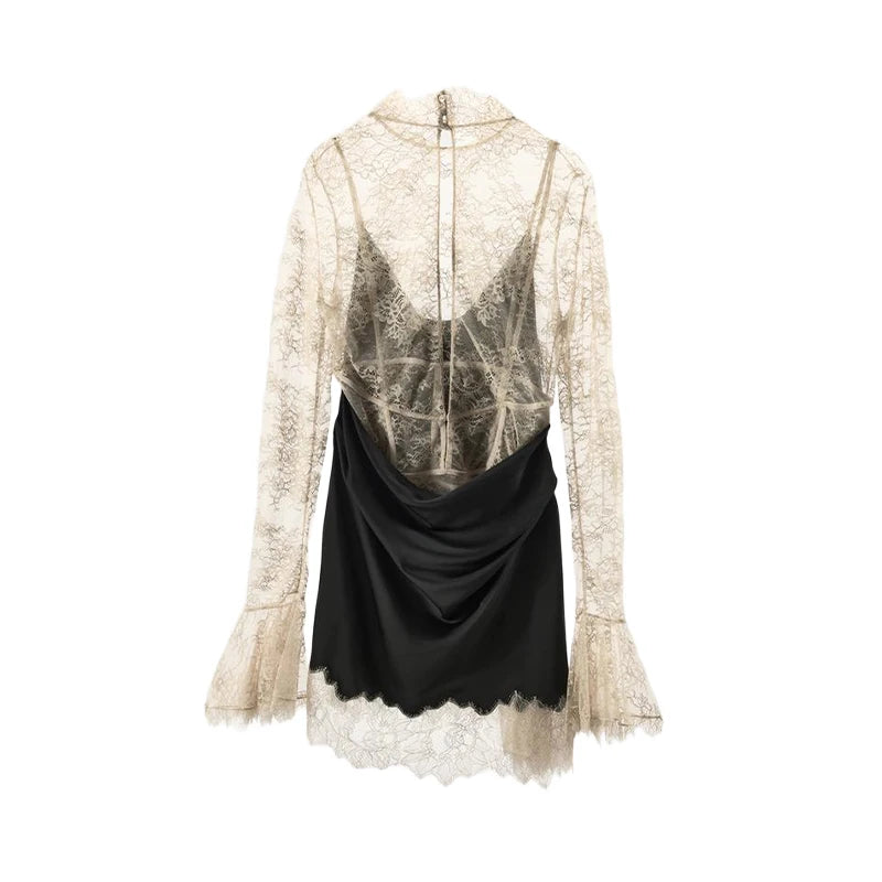 Elegant Lace Patchwork Satin Mini Dress Women High Collar Flare Sleeve See Through Party Dresses 2025 Autumn Lady Evening Robes