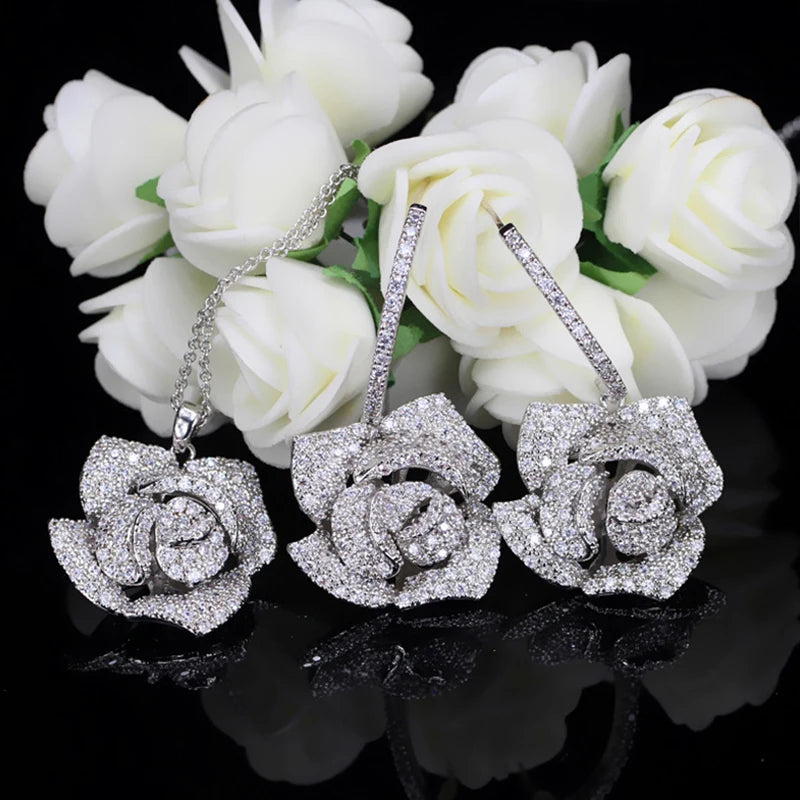 ThreeGraces Elegant Cubic Zirconia White Gold Color Rose Flower Dangle Earrings Necklace Summer Prom Jewelry Set for Women JS594