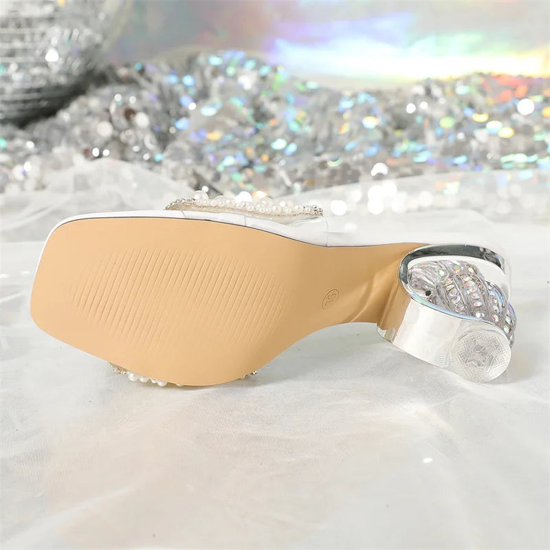 Liyke Size 36-42 Women Summer Party Slippers Fashion White Pearl Designer Sandals Female Shoes Strange High Heels Mules Slides