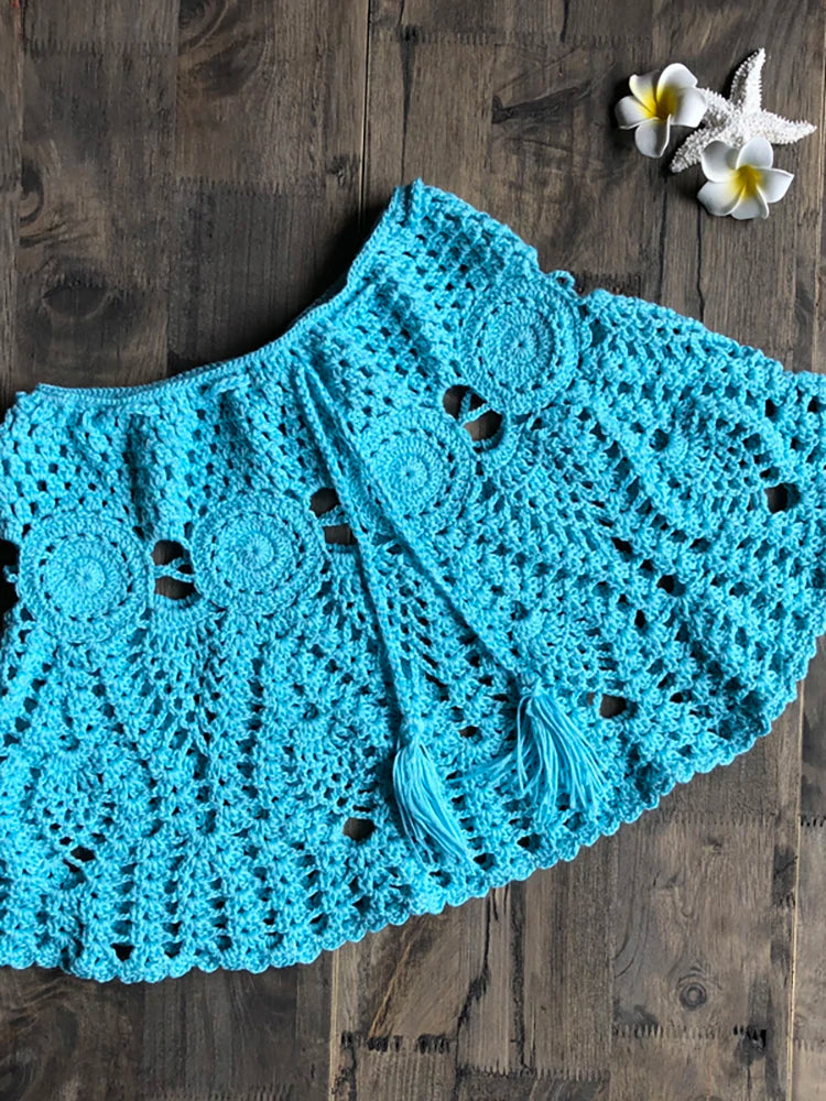 New Sexy Crochet Tassel Beach Skirt Cotton Swimsuit Fused Skirt Casual Beach Running Lace See Through Slim Mini Skirts