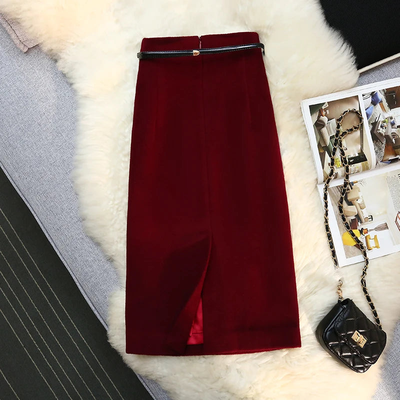 Seoulish 2024 New Autumn Winter Wrapped Woolen Midi Skirts for Women Fashion High Waist Solid Color Office Lady Straight Skirts