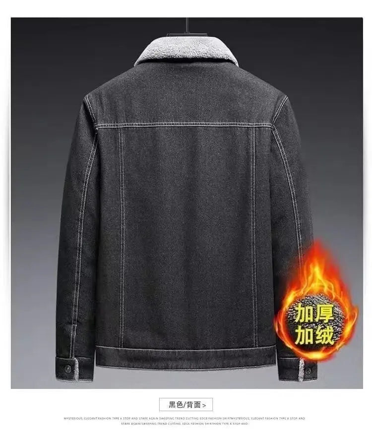 2025 Men's fleece denim jacket, autumn and winter warmth, casual, teen slim jacket
