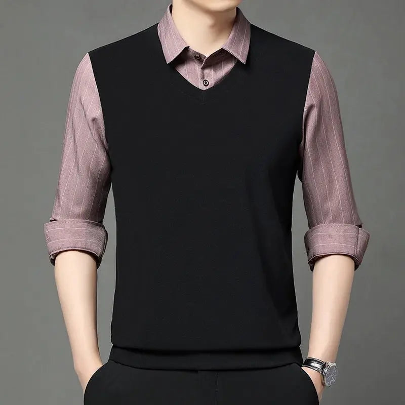 Fake Two Pieces Men Polo Shirts Turn-down Collar Striped Patchwork Business Casual Thermal Long Sleeve Comfortable Knitted Tops