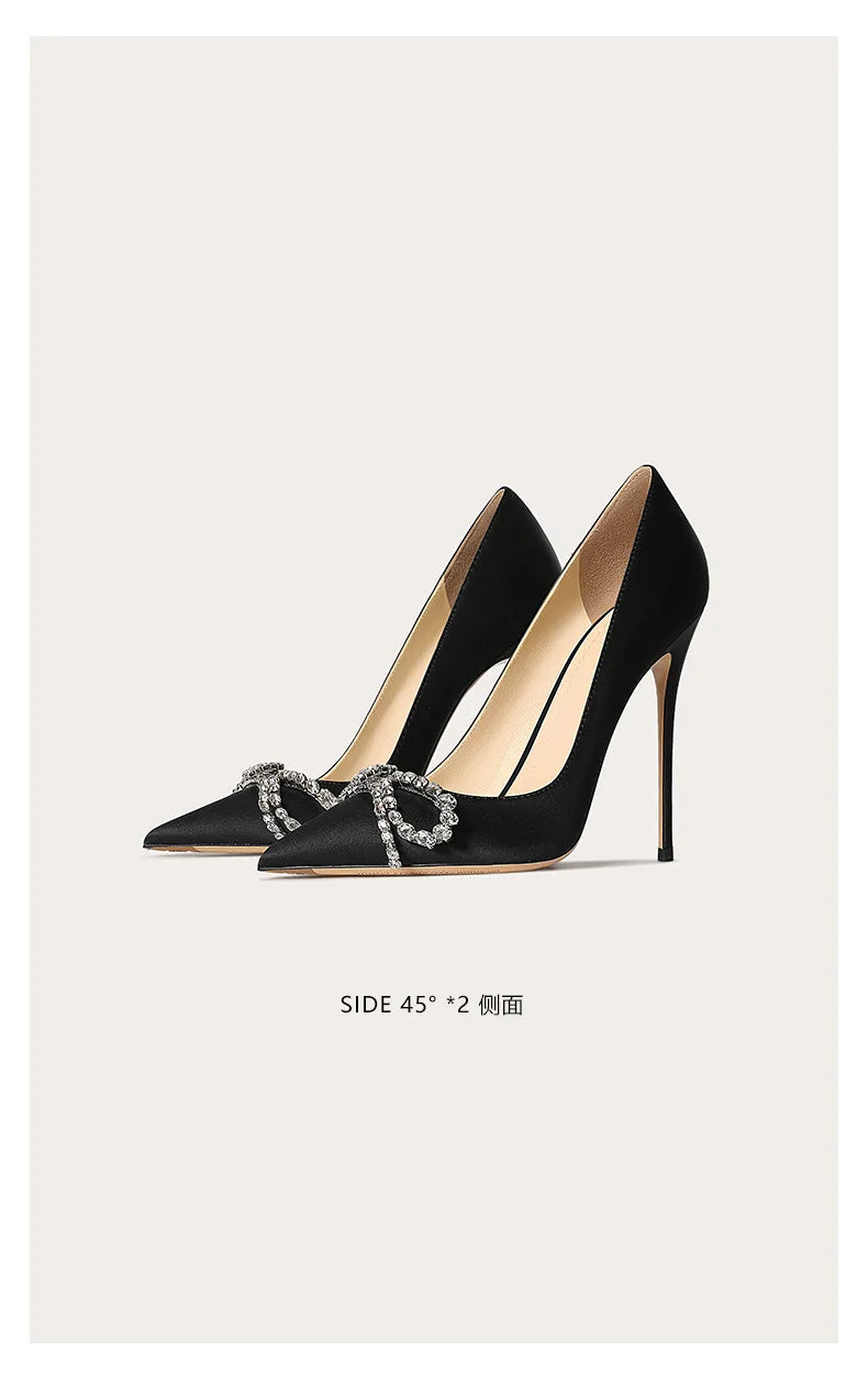 Pointed French High Heels Rhinestone Bow Thin Heel Shallow Mouth Versatile Women's Single Shoes