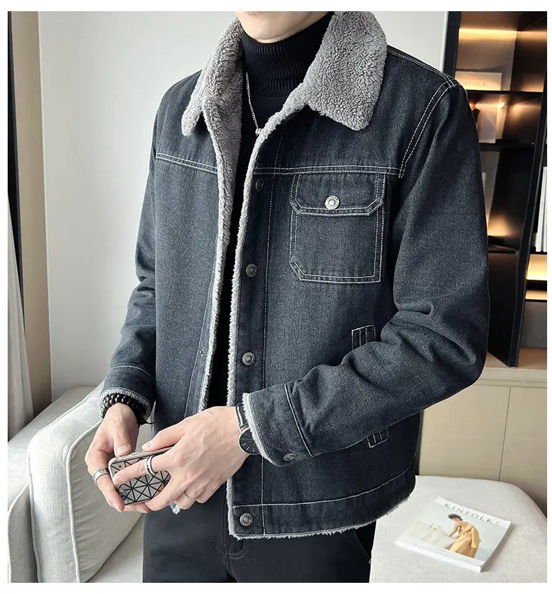 Men Denim Jacket Men Fleece Trendy Winter Velvet Coats 2025 Men Korean Slims Casual Thick Jacket Male Lamb Fur Casual Outerwear