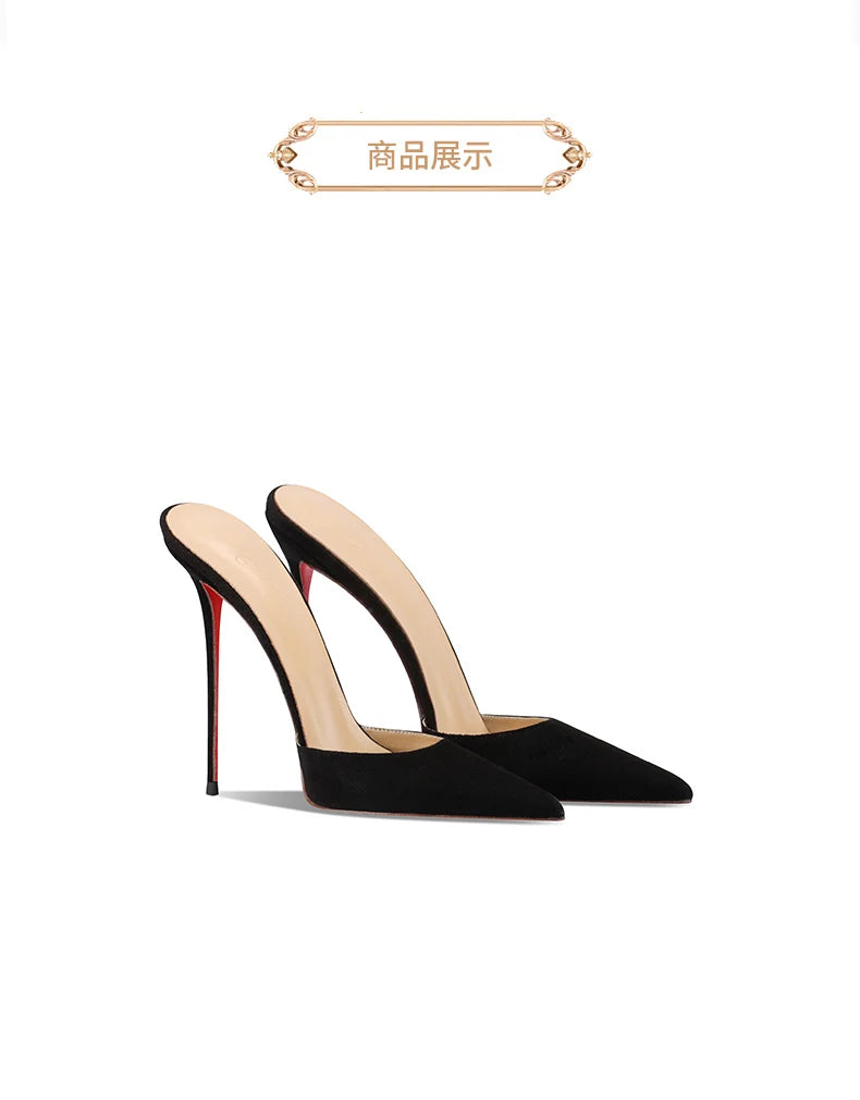 2025 new black suede high-heeled slippers with a warm and sexy temperament, pointed red bottom and slim heels for women