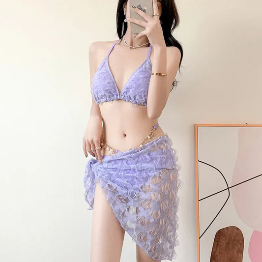 Sexy Slimming Bikini Three-Piece Swimsuit Women's Ins Style Purple Swimwear Show off Your Curves in This Trendy Bikini Set