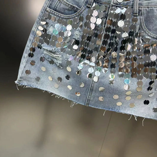 DEAT Sequins Decoration Denim Skirts For Women 2024 Summer New Items High Waist Wrap Hip Skirt Female Trendy Fashion 29L7154