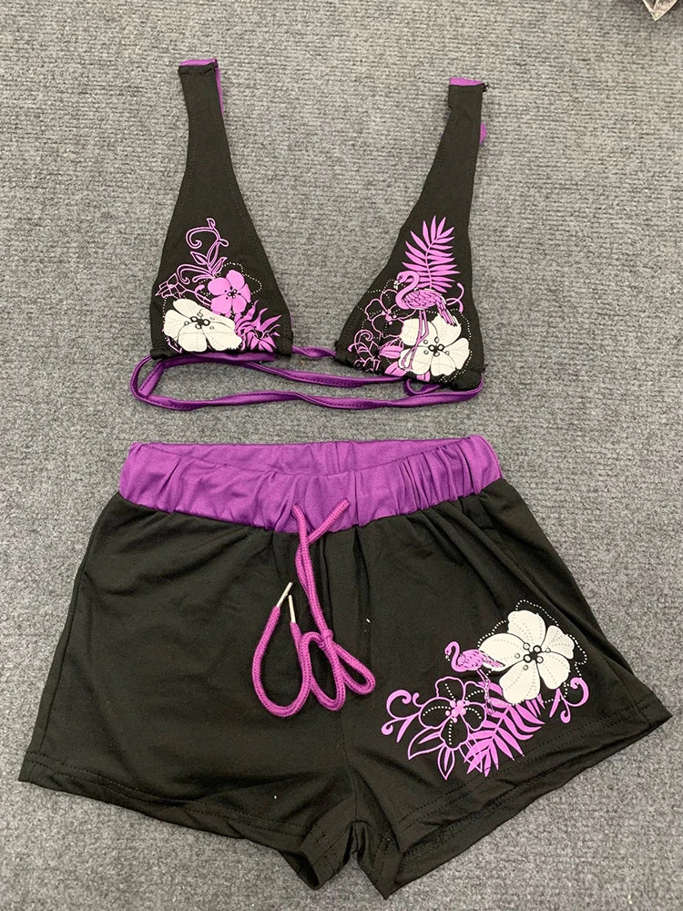 Summer Y2K Aesthetic Vintage Contrast Flower Print Suspender Bra Shorts Set Beach Fashion Hot Sexy Ladies Split Two Piece Bikini