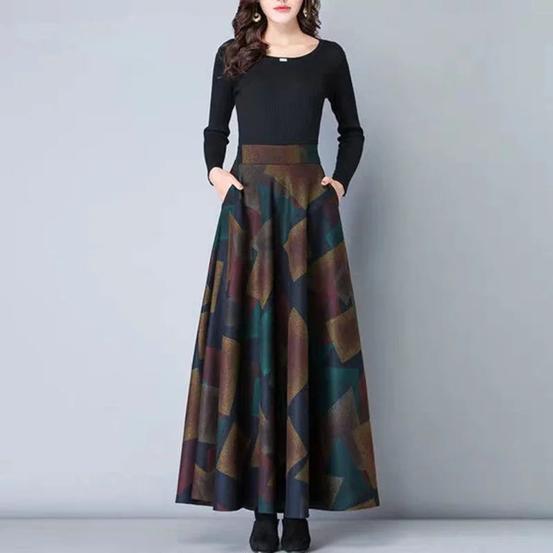 Ladies Skirt Women 1* Cocktail Autumn High Waist Fashion Evening Loose Vintage Party Pleated Maxi Plus Size Printed