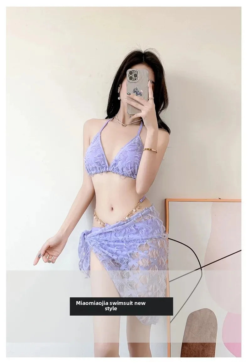 Sexy Slimming Bikini Three-Piece Swimsuit Women's Ins Style Purple Swimwear Show off Your Curves in This Trendy Bikini Set