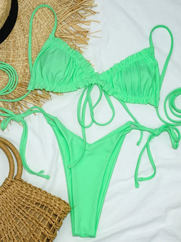 Sexy Printed Ruffled Frilled Thong Bikini Women Swimwear Female Swimsuit Two Pieces Bikini set Micro String Bathing Suit Swim