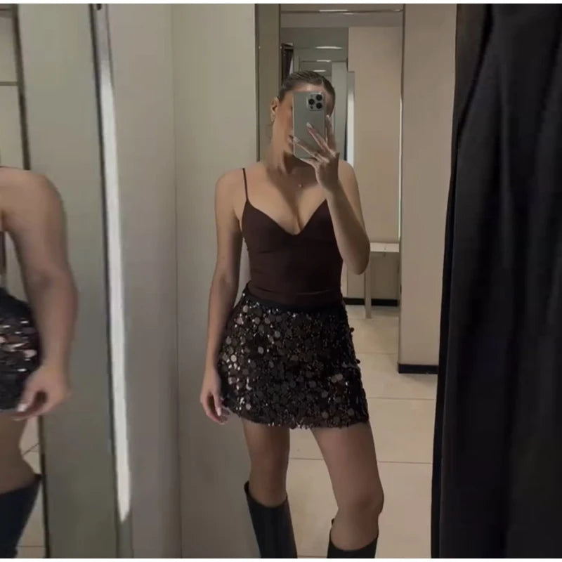 Sexy Paillette Mini Women's Skirt Fashion High Waist A-line Party Club Female Skirts 2025 Winter Streetwear Lady Clothes