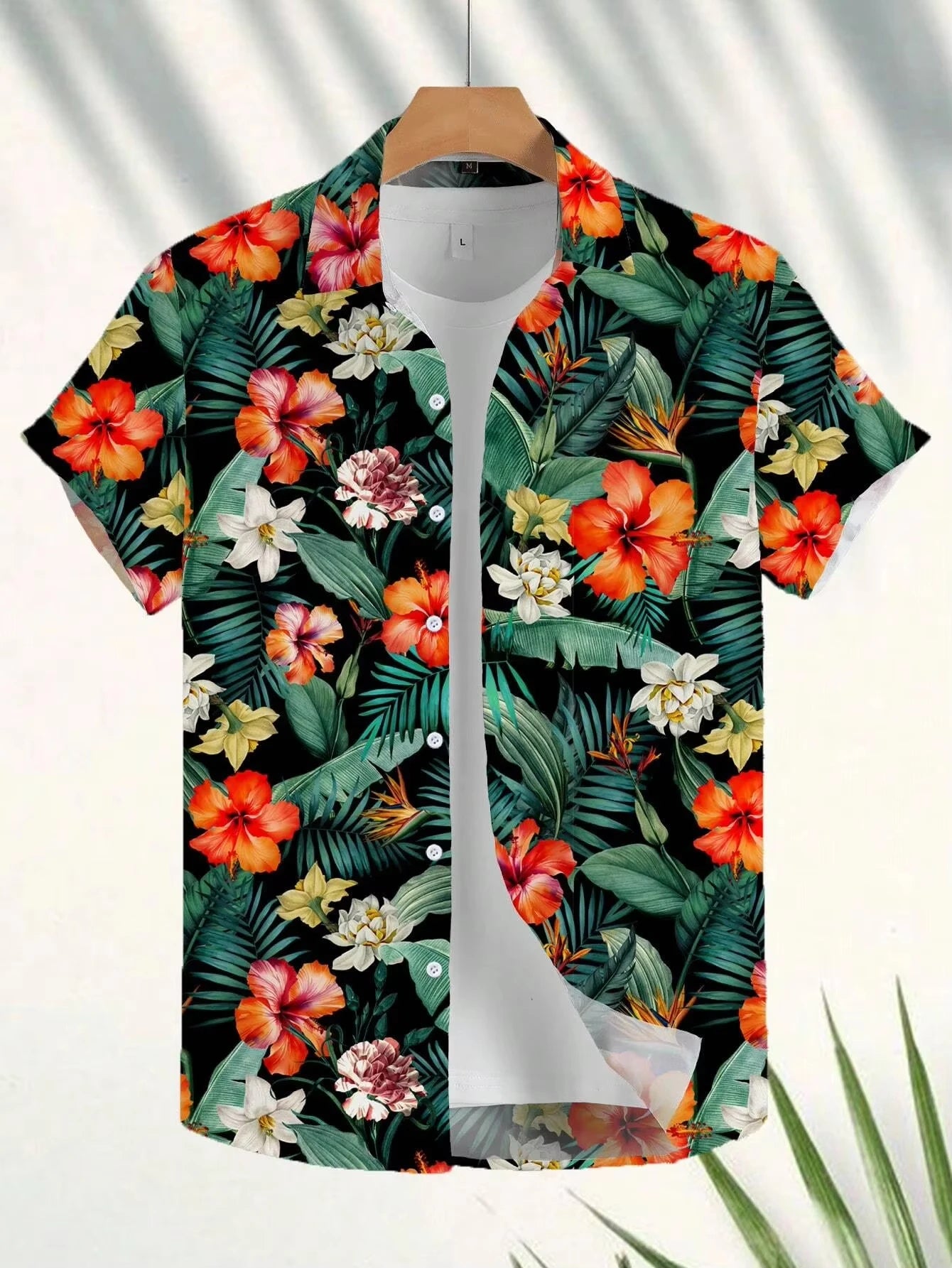 Hawaiian Botanical Flower Print Men's and Women's Short Sleeve Lapel Seaside Button-Down Shirt Top Casual Fashionable Shirts