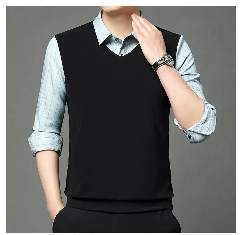 Fake Two Pieces Men Polo Shirts Turn-down Collar Striped Patchwork Business Casual Thermal Long Sleeve Comfortable Knitted Tops