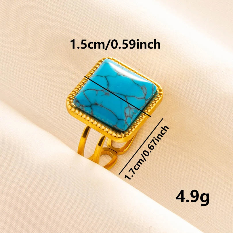 2pcs/lot Vintage Turquoise Gold Plated Knuckle Rings Blue Synthetic Stone Stainless Steel Rings Boho Jewelry Women Gifts No Fade