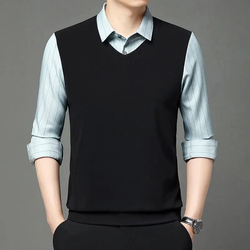 Fake Two Pieces Men Polo Shirts Turn-down Collar Striped Patchwork Business Casual Thermal Long Sleeve Comfortable Knitted Tops