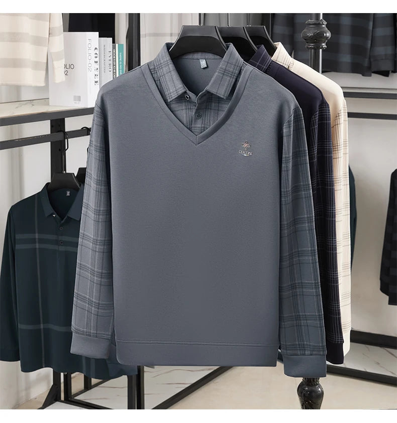 TFETTERS Long Sleeve Polo Shirt Men 2025  Autumn New Business Slim Fake Two Shirt Man Casual Loose Plaid Graphic Shirt for Men