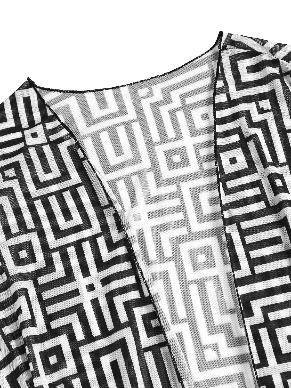 Women's Beach Summer Geometric Print Three-Piece Swimsuit Set with Long Sleeve Beach Cover-Up, Polyester Knit Fabric with Elasta