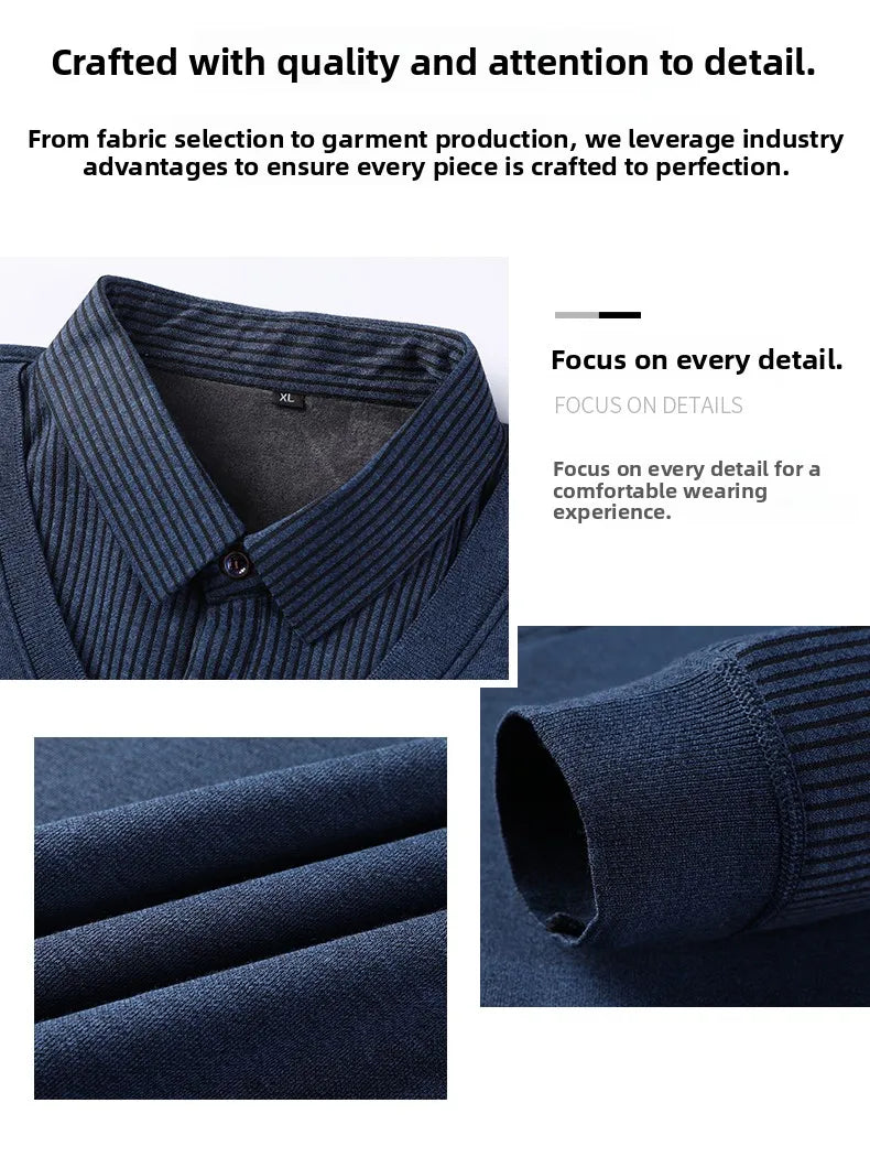 Men's Long Sve Fce Lined Knitted irt Busin Casual Sle Winter Warm Top Fake Two-Piece Design Comfortable Fit