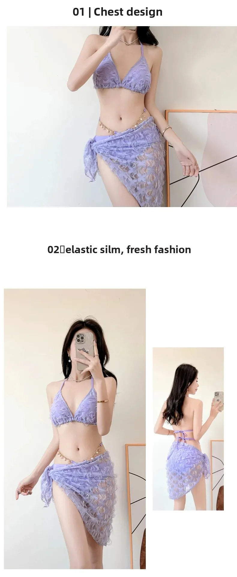 Sexy Slimming Bikini Three-Piece Swimsuit Women's Ins Style Purple Swimwear Show off Your Curves in This Trendy Bikini Set