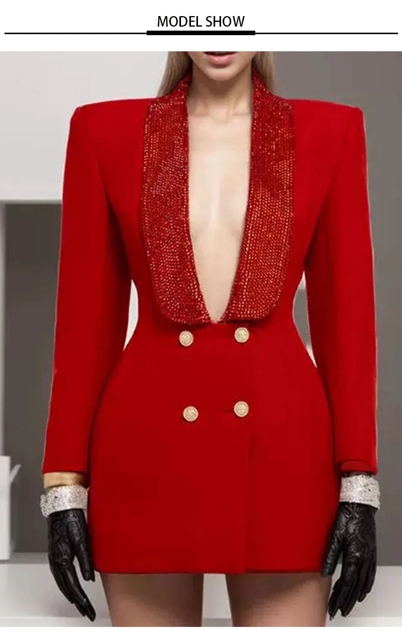 2025 autumn women's new fashion temperament deep V-neck heavy industry beading stitching design sense backless women's suit jack