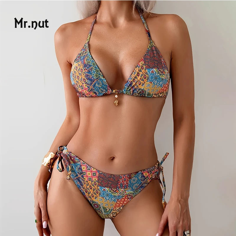 Mr. Nut 2025 New Neck Print Lace Up Split Swimsuit Women Sexy Bikini Beach Leak Back Swimsuit Bikini