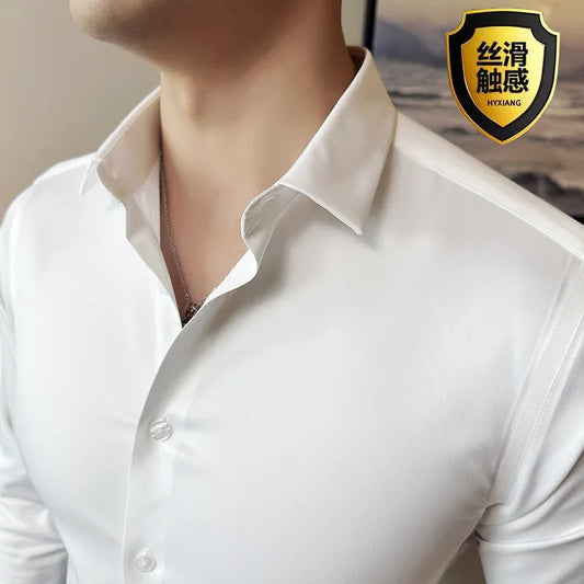 Seamless silk business casual shirt, long sleeved white non ironing elastic silk sliding cross shirt, men's formal wear